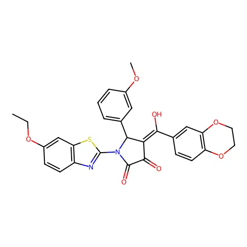 (4E)-4-[2,3-dihydro-1,4-benzodioxin-6-yl(hydroxy)methylidene]-1-(6-ethoxy-1,3-benzothiazol-2-yl)-5-(3-methoxyphenyl)pyrrolidine-2,3-dione structure