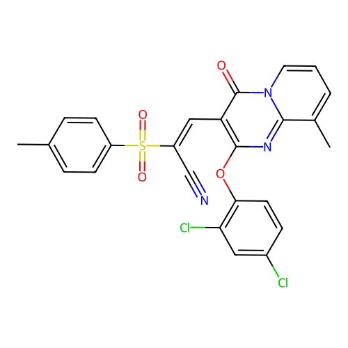 (2E)-3-[2-(2,4-dichlorophenoxy)-9-methyl-4-oxo-4H-pyrido[1,2-a]pyrimidin-3-yl]-2-[(4-methylphenyl)sulfonyl]prop-2-enenitrile structure