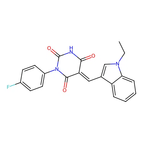 (5E)-5-[(1-ethyl-1H-indol-3-yl)methylidene]-1-(4-fluorophenyl)pyrimidine-2,4,6(1H,3H,5H)-trione structure