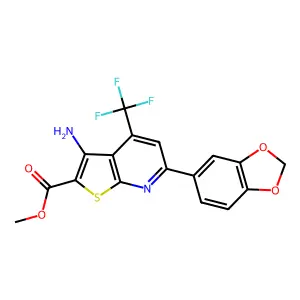 methyl 3-amino-6-(1,3-benzodioxol-5-yl)-4-(trifluoromethyl)thieno[2,3-b]pyridine-2-carboxylate structure