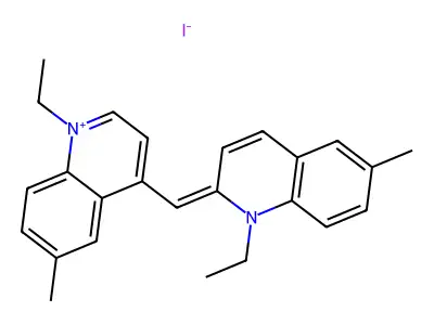 1-ethyl-2-[(1-ethyl-6-methylquinolin-1-ium-4-yl)methylidene]-6-methylquinoline iodide structure