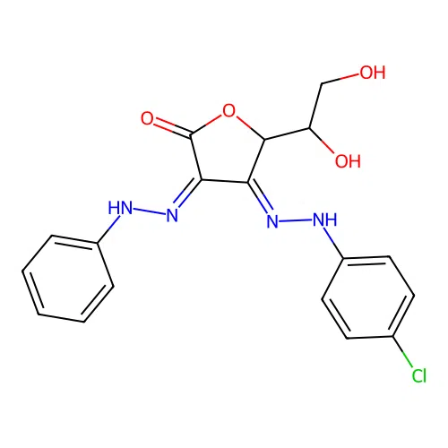 (3Z,4Z)-4-[2-(4-Chlorophenyl)hydrazinylidene]-5-(1,2-dihydroxyethyl)-3-(2-phenylhydrazinylidene)oxolan-2-one structure