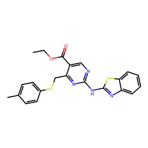 ethyl 2-(1,3-benzothiazol-2-ylamino)-4-{[(4-methylphenyl)sulfanyl]methyl}pyrimidine-5-carboxylate structure