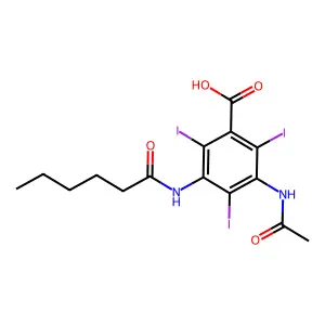 Benzoic acid, 3-acetamido-5-hexanamido-2,4,6-triiodo- structure