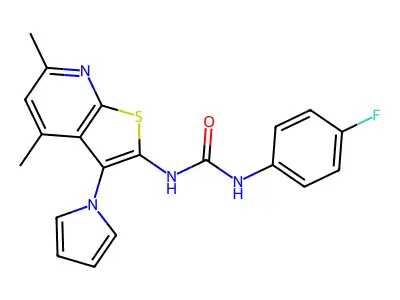 N-[4,6-dimethyl-3-(1H-pyrrol-1-yl)thieno[2,3-b]pyridin-2-yl]-N'-(4-fluorophenyl)urea structure