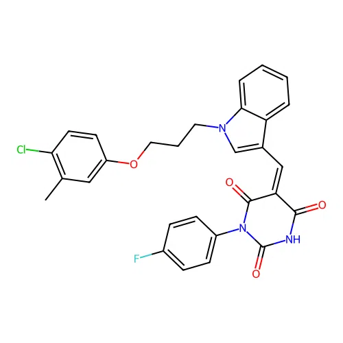 (Z)-5-((1-(3-(4-chloro-3-methylphenoxy)propyl)-1H-indol-3-yl)methylene)-1-(4-fluorophenyl)pyrimidine-2,4,6(1H,3H,5H)-trione structure