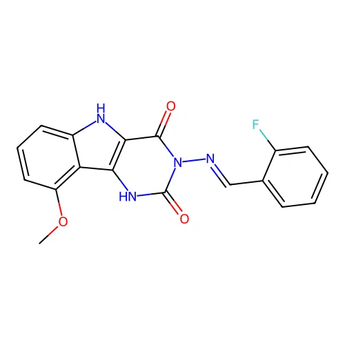 (E)-3-((2-fluorobenzylidene)amino)-9-methoxy-1H-pyrimido[5,4-b]indole-2,4(3H,5H)-dione structure