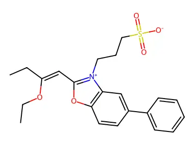 2-(2-Ethoxybut-1-enyl)-5-phenyl-3-(3-sulphonatopropyl)benzoxazolium structure