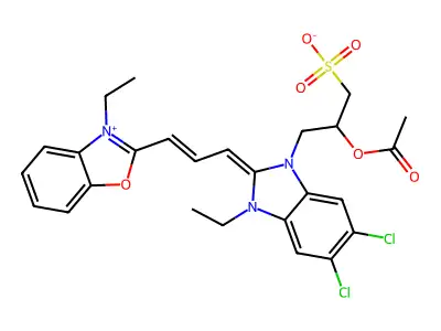 Benzoxazolium, 2-[3-[1-[2-(acetyloxy)-3-sulfopropyl]-5,6-dichloro-3-ethyl-1,3-dihydro-2H-benzimidazol-2-ylidene]-1-propen-1-yl]-3-ethyl-, inner salt structure