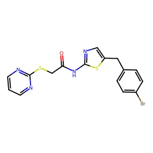N-[5-[(4-bromophenyl)methyl]-1,3-thiazol-2-yl]-2-pyrimidin-2-ylsulfanylacetamide structure