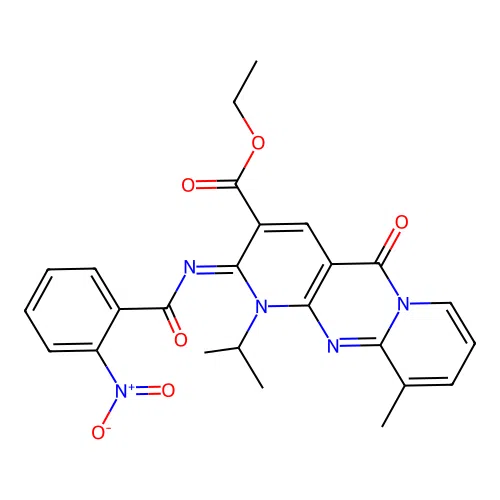 (Z)-ethyl 1-isopropyl-10-methyl-2-((2-nitrobenzoyl)imino)-5-oxo-2,5-dihydro-1H-dipyrido[1,2-a:2',3'-d]pyrimidine-3-carboxylate structure