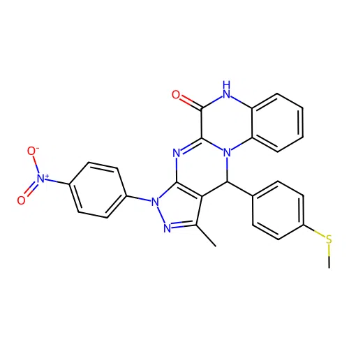 10-methyl-11-(4-(methylthio)phenyl)-8-(4-nitrophenyl)-8,11-dihydropyrazolo[3',4':4,5]pyrimido[1,2-a]quinoxalin-6-ol structure