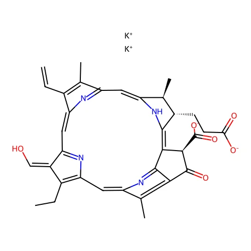 dipotassium;(3R,21S,22S)-22-(2-carboxylatoethyl)-16-ethenyl-11-ethyl-12-(hydroxymethylidene)-17,21,26-trimethyl-4-oxo-7,23,24,25-tetrazahexacyclo[18.2.1.15,8.110,13.115,18.02,6]hexacosa-1,5(26),6,8,10,13(25),14,16,18(24),19-decaene-3-carboxylate structure