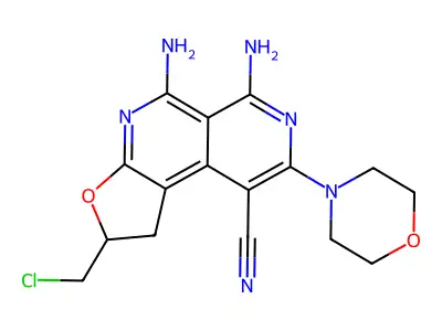 5,6-diamino-2-(chloromethyl)-8-morpholino-1,2-dihydrofuro[2,3-c][2,7]naphthyridine-9-carbonitrile structure