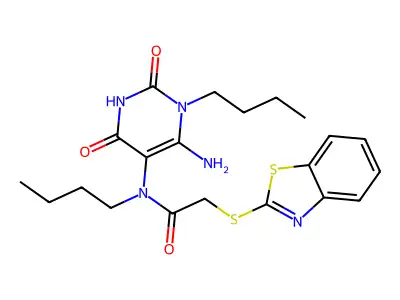 N-(6-amino-1-butyl-2,4-dioxopyrimidin-5-yl)-2-(1,3-benzothiazol-2-ylsulfanyl)-N-butylacetamide structure