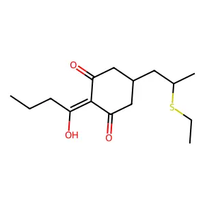 2-Cyclohexen-1-one, 5-(2-(ethylthio)propyl)-3-hydroxy-2-(1-oxobutyl)- structure