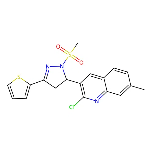 2-chloro-7-methyl-3-(2-methylsulfonyl-5-thiophen-2-yl-3,4-dihydropyrazol-3-yl)quinoline structure