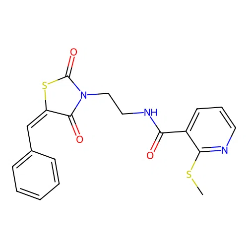 N-[2-[(5E)-5-Benzylidene-2,4-dioxo-1,3-thiazolidin-3-yl]ethyl]-2-methylsulfanylpyridine-3-carboxamide structure