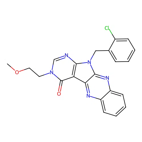 11-(2-chlorobenzyl)-3-(2-methoxyethyl)-3,11-dihydro-4H-pyrimido[5',4':4,5]pyrrolo[2,3-b]quinoxalin-4-one structure