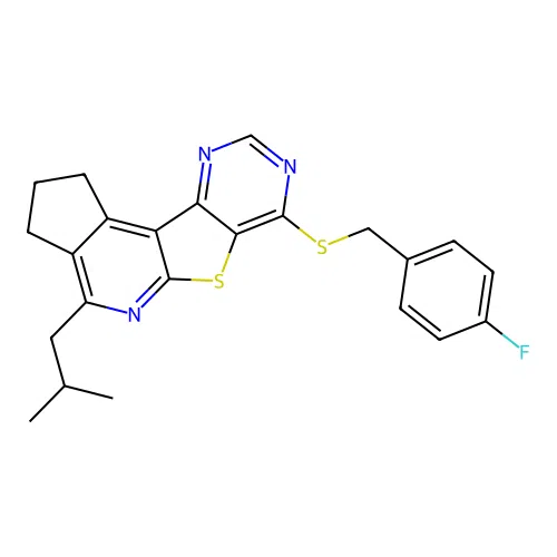 7-((4-fluorobenzyl)thio)-4-isobutyl-2,3-dihydro-1H-cyclopenta[4',5']pyrido[3',2':4,5]thieno[3,2-d]pyrimidine structure