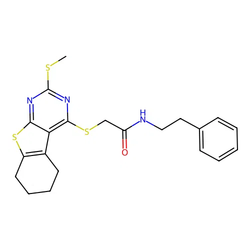 2-((2-(methylthio)-5,6,7,8-tetrahydrobenzo[4,5]thieno[2,3-d]pyrimidin-4-yl)thio)-N-phenethylacetamide structure