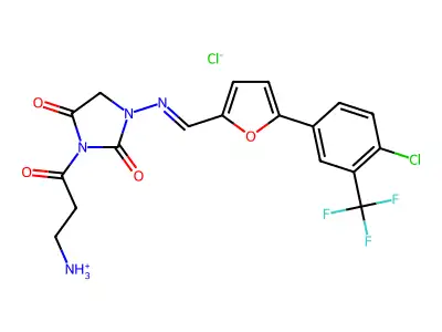 [3-[3-[[5-[4-Chloro-3-(trifluoromethyl)phenyl]furan-2-yl]methylideneamino]-2,5-dioxo-imidazolidin-1-yl]-3-oxo-propyl]azanium chloride structure