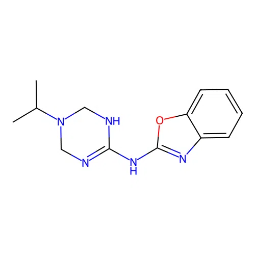 N-[5-(propan-2-yl)-1,4,5,6-tetrahydro-1,3,5-triazin-2-yl]-1,3-benzoxazol-2-amine structure