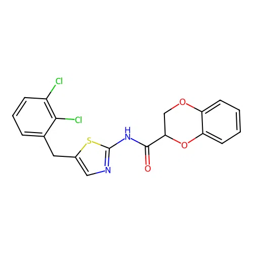 N-[5-[(2,3-dichlorophenyl)methyl]-1,3-thiazol-2-yl]-2,3-dihydro-1,4-benzodioxine-3-carboxamide structure
