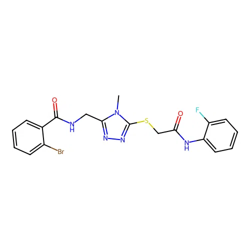 2-bromo-N-[[5-[2-(2-fluoroanilino)-2-oxoethyl]sulfanyl-4-methyl-1,2,4-triazol-3-yl]methyl]benzamide structure