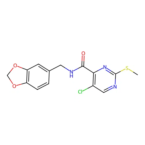 N-(1,3-benzodioxol-5-ylmethyl)-5-chloro-2-methylsulfanylpyrimidine-4-carboxamide structure
