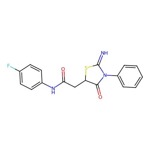 N-(4-fluorophenyl)-2-(2-imino-4-oxo-3-phenyl-1,3-thiazolidin-5-yl)acetamide structure
