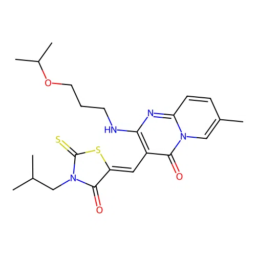 (Z)-3-isobutyl-5-((2-((3-isopropoxypropyl)amino)-7-methyl-4-oxo-4H-pyrido[1,2-a]pyrimidin-3-yl)methylene)-2-thioxothiazolidin-4-one structure