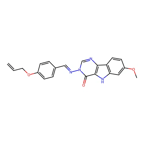 (E)-3-((4-(allyloxy)benzylidene)amino)-7-methoxy-3H-pyrimido[5,4-b]indol-4(5H)-one structure