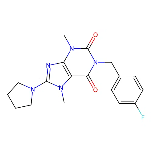 1-(4-fluorobenzyl)-3,7-dimethyl-8-(pyrrolidin-1-yl)-1H-purine-2,6(3H,7H)-dione structure