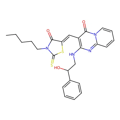 2-[(2-hydroxy-2-phenylethyl)amino]-3-[(Z)-(4-oxo-3-pentyl-2-thioxo-1,3-thiazolidin-5-ylidene)methyl]-4H-pyrido[1,2-a]pyrimidin-4-one structure