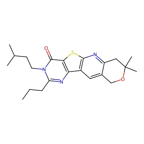 3-isopentyl-8,8-dimethyl-2-propyl-7,8-dihydro-3H-pyrano[3'',4'':5',6']pyrido[3',2':4,5]thieno[3,2-d]pyrimidin-4(10H)-one structure