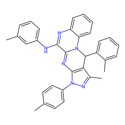 10-methyl-11-(2-methylphenyl)-N-(3-methylphenyl)-8-(4-methylphenyl)-8,11-dihydropyrazolo[3',4':4,5]pyrimido[1,2-a]quinoxalin-6-amine structure