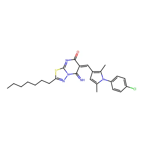 (6E)-6-[[1-(4-chlorophenyl)-2,5-dimethylpyrrol-3-yl]methylidene]-2-heptyl-5-imino-[1,3,4]thiadiazolo[3,2-a]pyrimidin-7-one structure
