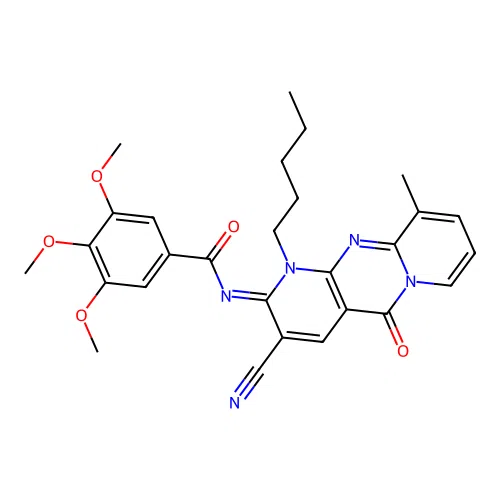 (E)-N-(3-cyano-10-methyl-5-oxo-1-pentyl-1H-dipyrido[1,2-a:2',3'-d]pyrimidin-2(5H)-ylidene)-3,4,5-trimethoxybenzamide structure
