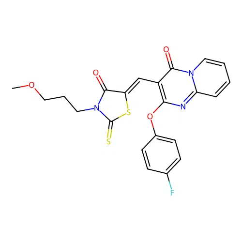 2-(4-fluorophenoxy)-3-{(Z)-[3-(3-methoxypropyl)-4-oxo-2-thioxo-1,3-thiazolidin-5-ylidene]methyl}-4H-pyrido[1,2-a]pyrimidin-4-one structure