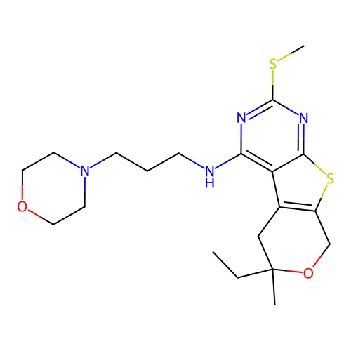 6-ethyl-6-methyl-2-(methylsulfanyl)-N-[3-(morpholin-4-yl)propyl]-5,8-dihydro-6H-pyrano[4',3':4,5]thieno[2,3-d]pyrimidin-4-amine structure