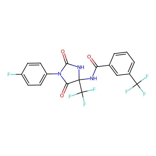 N-[1-(4-fluorophenyl)-2,5-dioxo-4-(trifluoromethyl)imidazolidin-4-yl]-3-(trifluoromethyl)benzamide structure