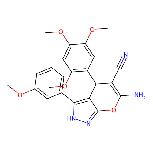 6-amino-3-(3-methoxyphenyl)-4-(2,4,5-trimethoxyphenyl)-2,4-dihydropyrano[2,3-c]pyrazole-5-carbonitrile structure