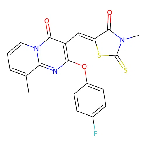 (5Z)-5-[[2-(4-fluorophenoxy)-9-methyl-4-oxopyrido[1,2-a]pyrimidin-3-yl]methylidene]-3-methyl-2-sulfanylidene-1,3-thiazolidin-4-one structure