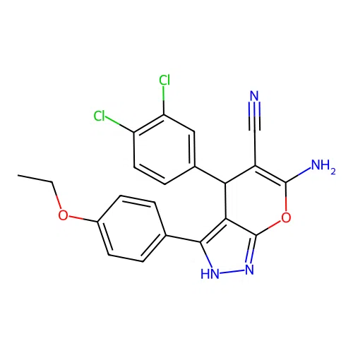 6-amino-4-(3,4-dichlorophenyl)-3-(4-ethoxyphenyl)-1,4-dihydropyrano[2,3-c]pyrazole-5-carbonitrile structure