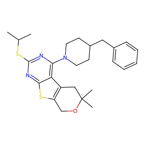 4-(4-benzylpiperidin-1-yl)-2-(isopropylthio)-6,6-dimethyl-6,8-dihydro-5H-pyrano[4',3':4,5]thieno[2,3-d]pyrimidine structure