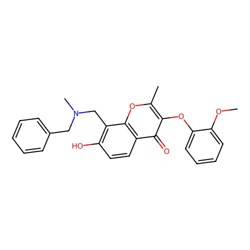 8-((benzyl(methyl)amino)methyl)-7-hydroxy-3-(2-methoxyphenoxy)-2-methyl-4H-chromen-4-one structure
