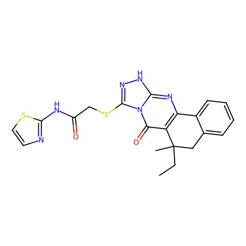 2-((6-ethyl-6-methyl-7-oxo-5,6,7,12-tetrahydrobenzo[h][1,2,4]triazolo[3,4-b]quinazolin-9-yl)thio)-N-(thiazol-2-yl)acetamide structure