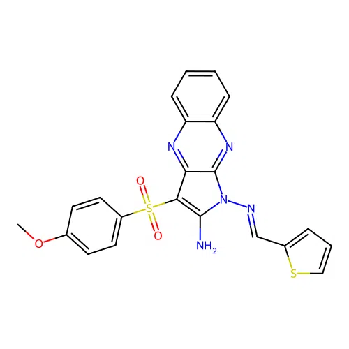 (E)-3-((4-methoxyphenyl)sulfonyl)-N1-(thiophen-2-ylmethylene)-1H-pyrrolo[2,3-b]quinoxaline-1,2-diamine structure