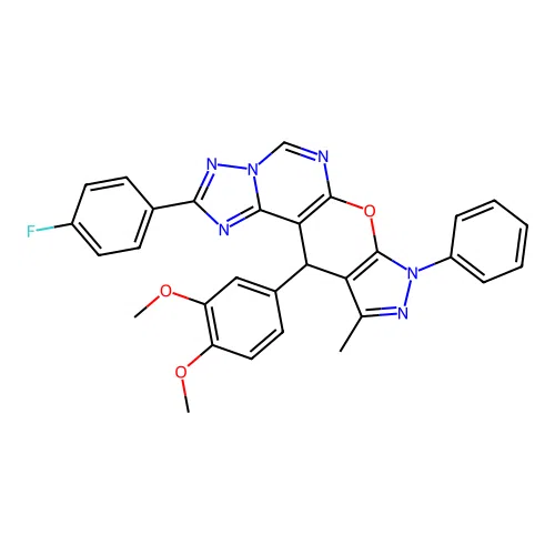 11-(3,4-dimethoxyphenyl)-2-(4-fluorophenyl)-10-methyl-8-phenyl-8,11-dihydropyrazolo[4',3':5,6]pyrano[3,2-e][1,2,4]triazolo[1,5-c]pyrimidine structure